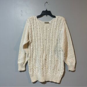 Liz Claiborne Collection Women’s Sweater Ivory Cable Knit Buttons Vintage Preppy
